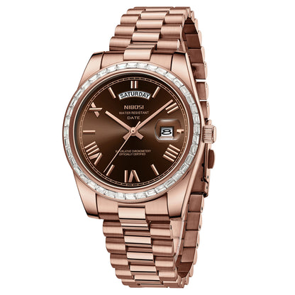 Rose gold watch with a brown dial on a white background