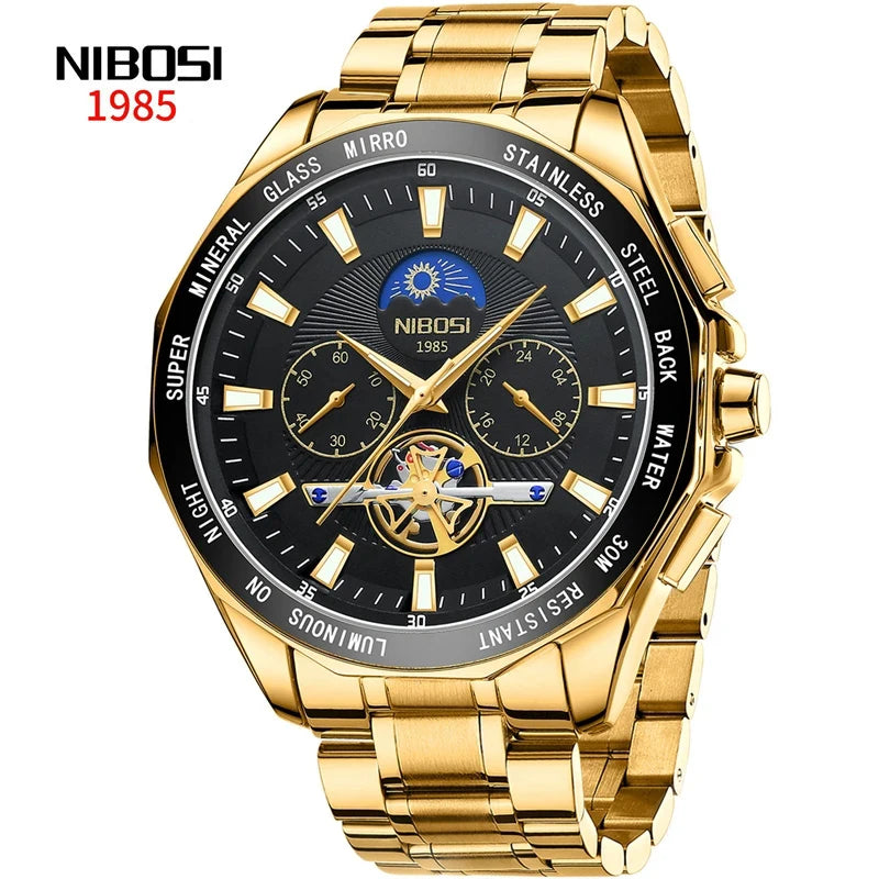 NIBOSI 2580 Tourbillon Watch – Gold Black Luxury Chronograph for Men