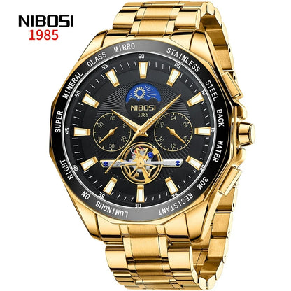 NIBOSI 2580 Tourbillon Watch – Gold Black Luxury Chronograph for Men