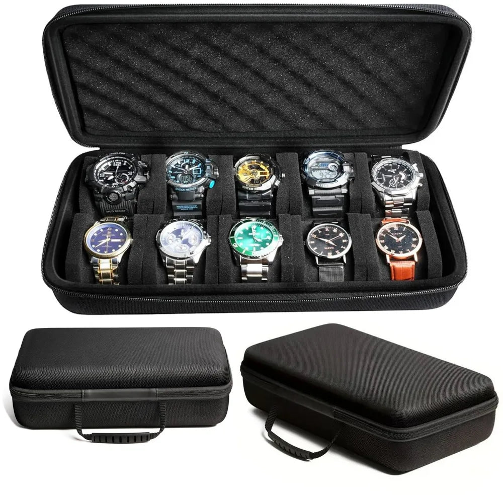 Black watch case with multiple watches inside on a white background