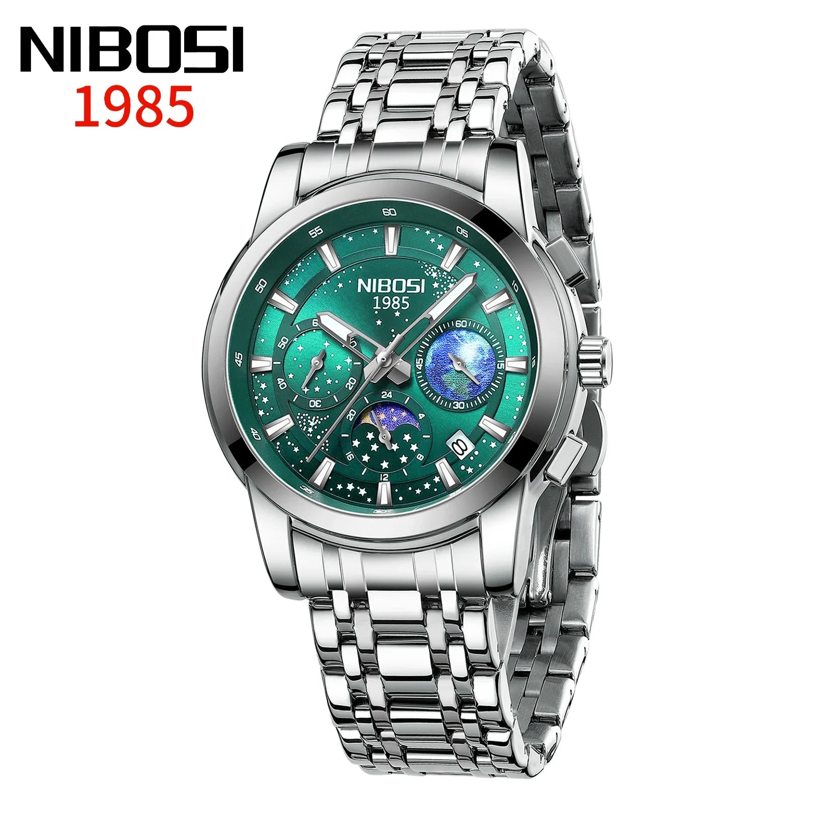 Silver wristwatch with green face on a white background, featuring the brand 'NIBOSI'.