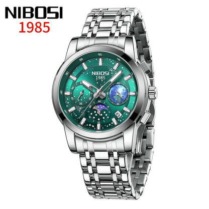 Silver wristwatch with green face on a white background, featuring the brand 'NIBOSI'.
