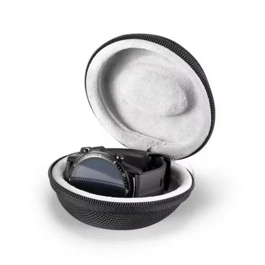 Black watch in an open black case with white interior on a white background