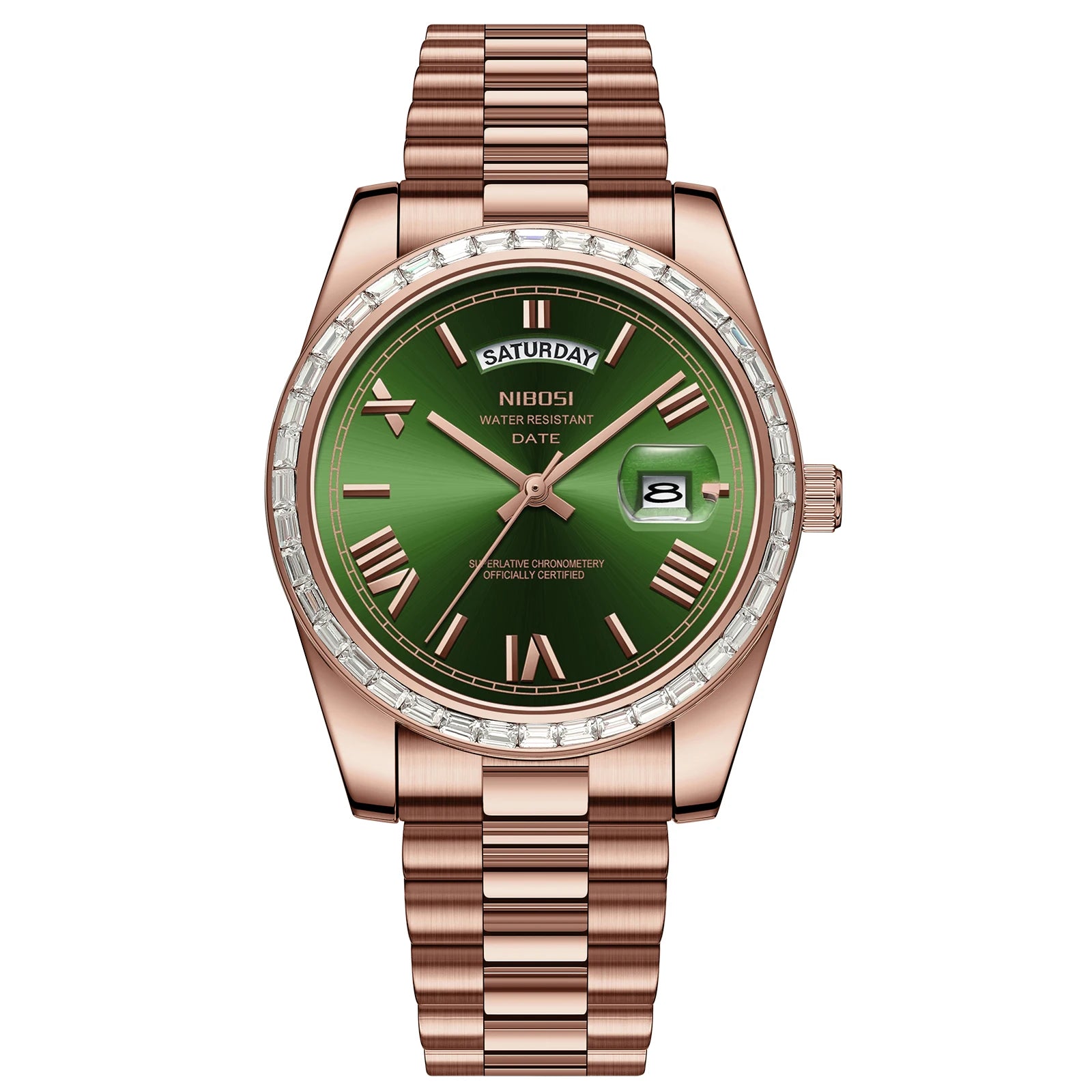 Rose gold watch with a green dial on a white background