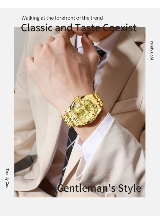 Gold watch on a person's wrist with text about classic style and trend.