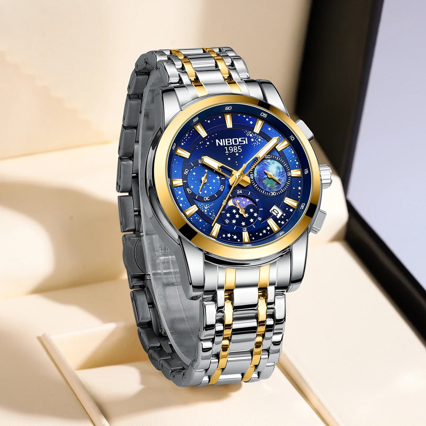 NIBOSI watch with blue face and silver and gold band on beige background