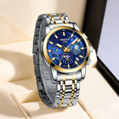 NIBOSI watch with blue face and silver and gold band on beige background