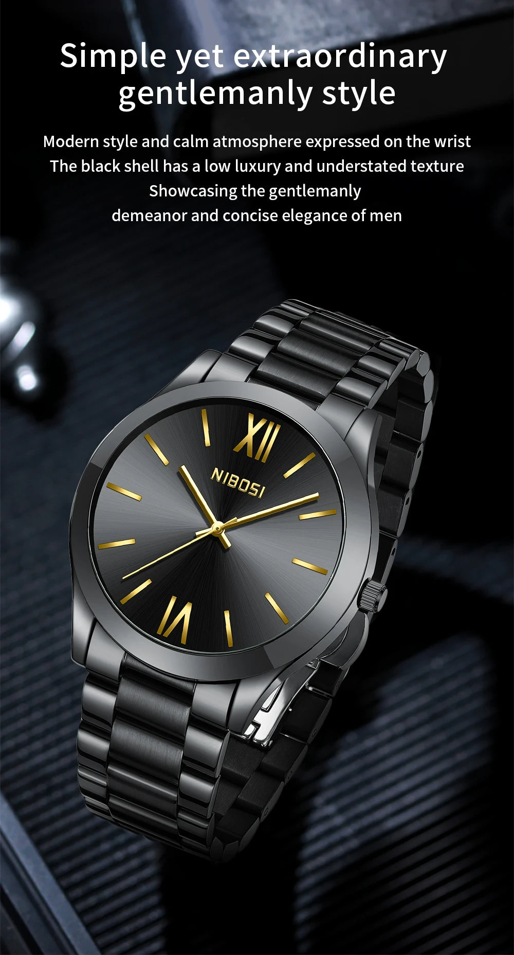 Black wristwatch with gold accents on a dark background, featuring the brand 'NIBOSI'.