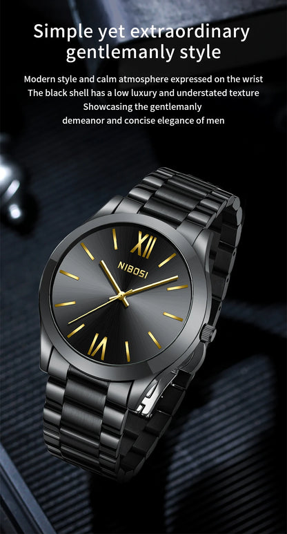 Black wristwatch with gold accents on a dark background, featuring the brand 'NIBOSI'.