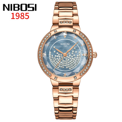Rose gold watch withNibosi branding on a white background