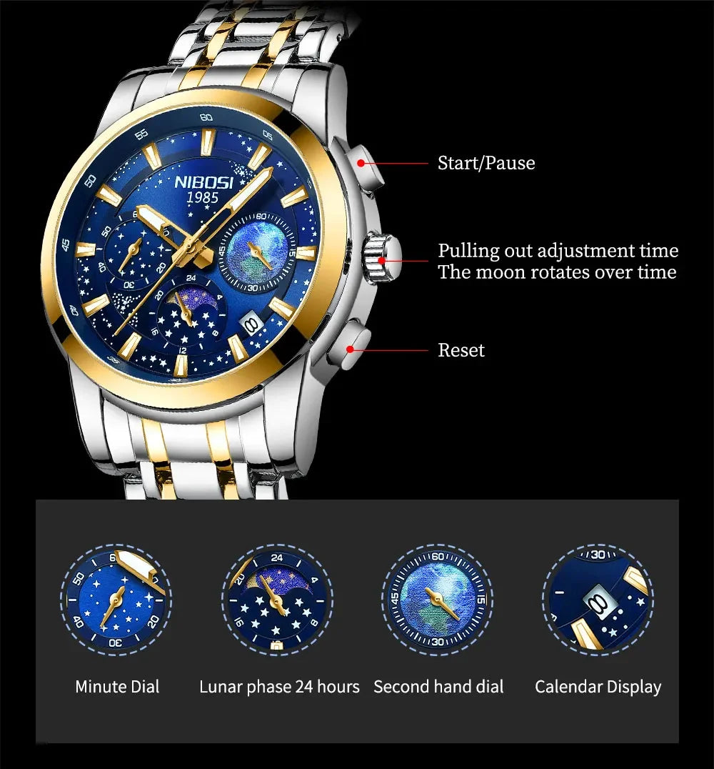 NIBOSI watch with detailed features and display options on a black background