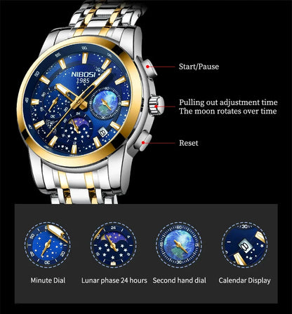 NIBOSI watch with detailed features and display options on a black background