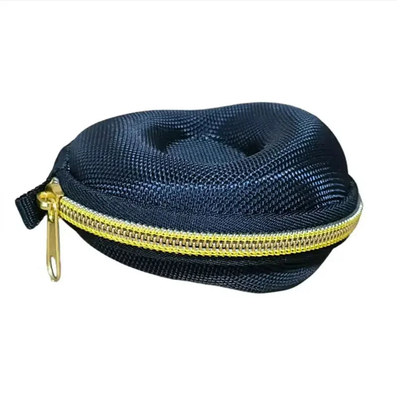 Black zippered pouch with gold zipper on a white background