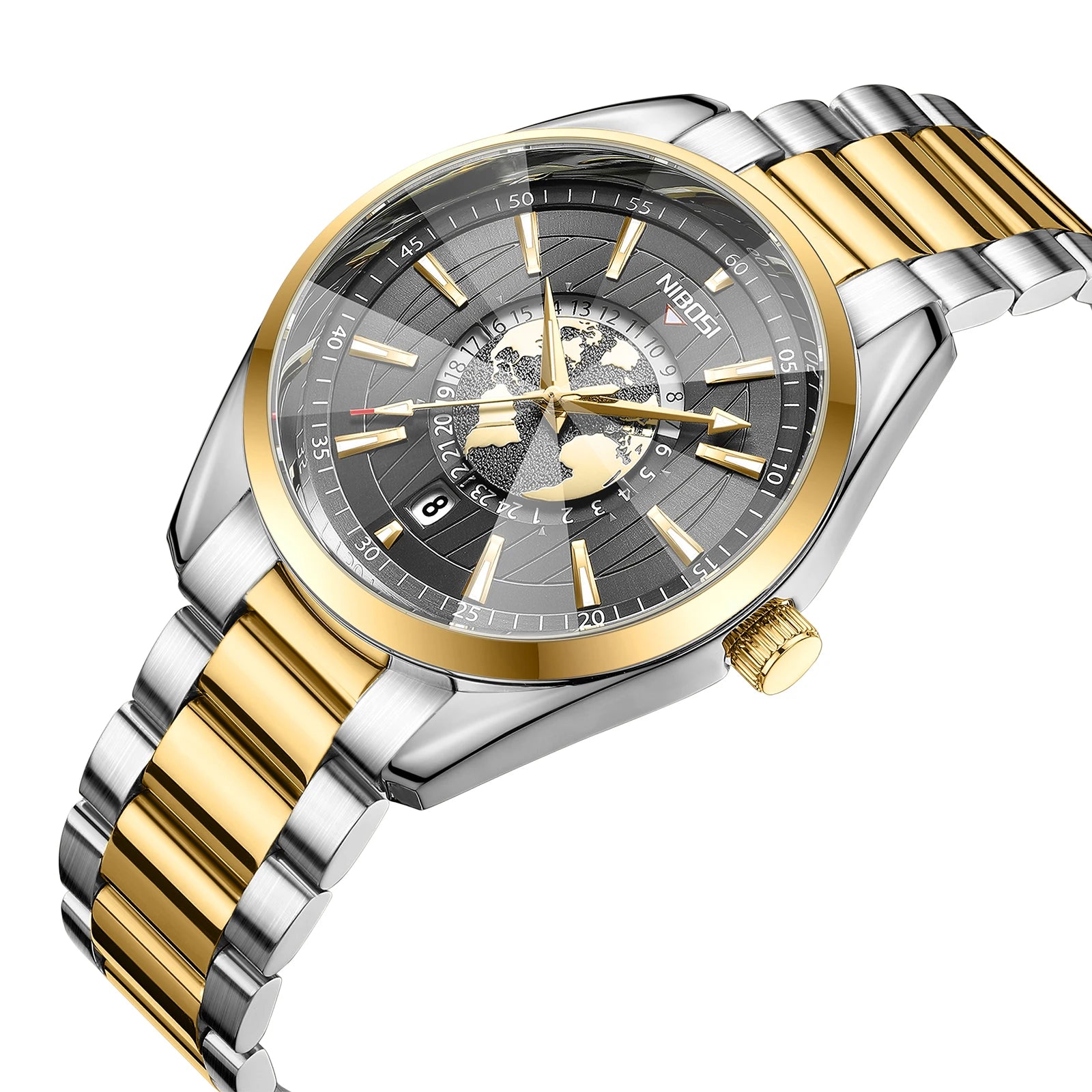 Luxury watch with silver and gold band on a white background