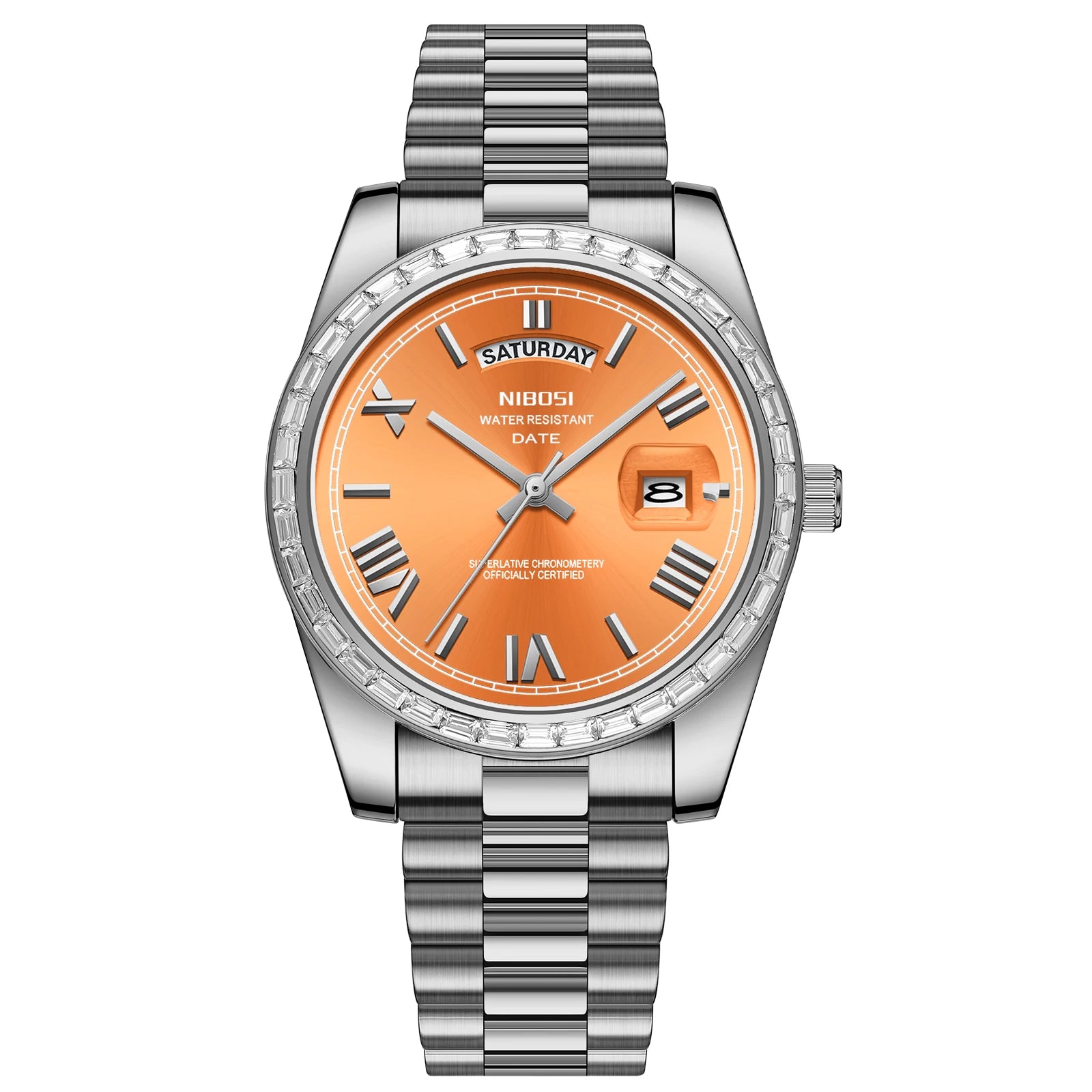 Silver watch with an orange face on a white background