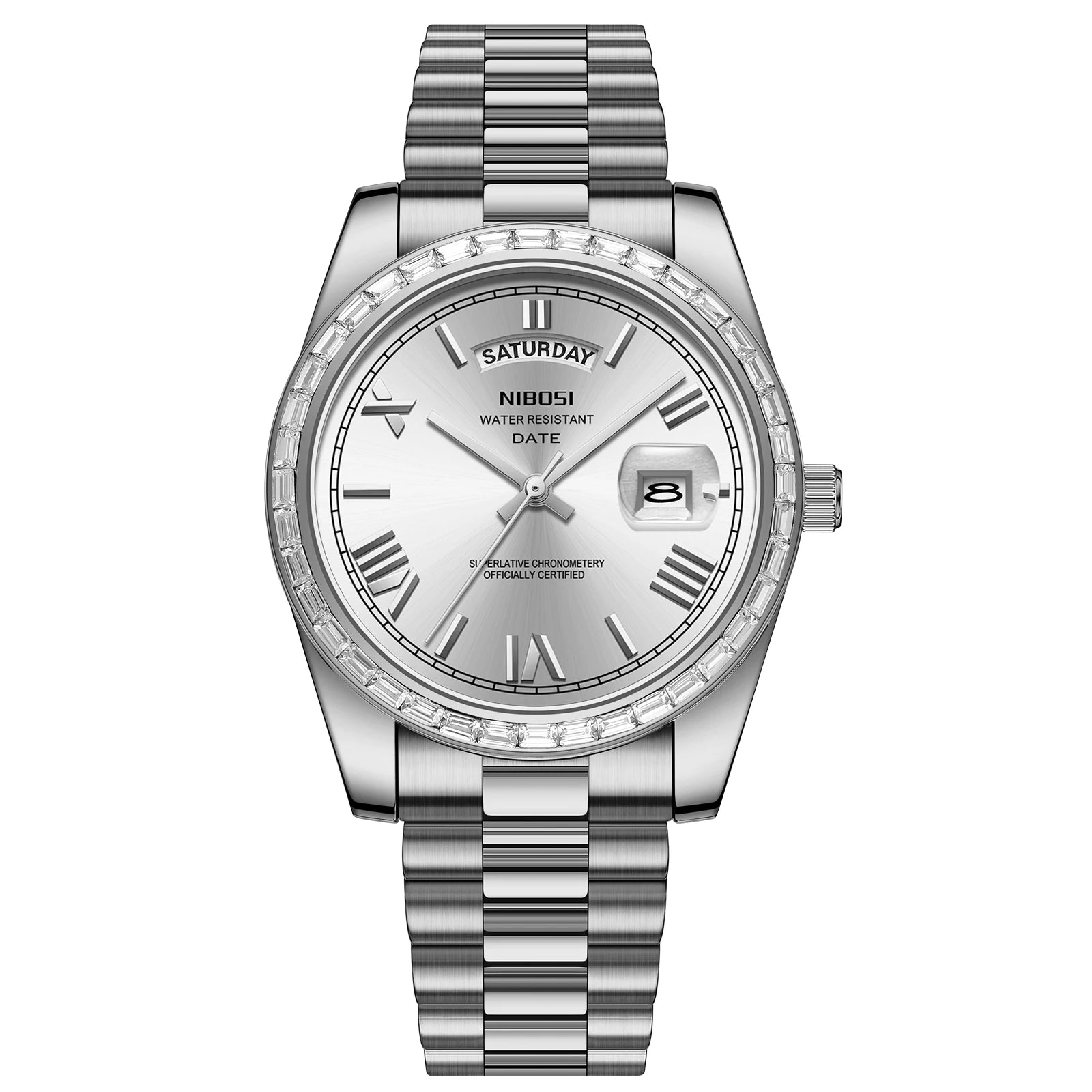 Silver wristwatch with a white face on a white background