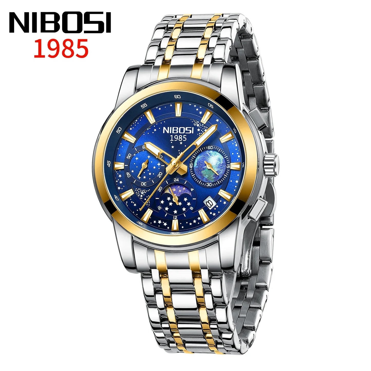 NIBOSI watch with blue face and silver and gold band on white background