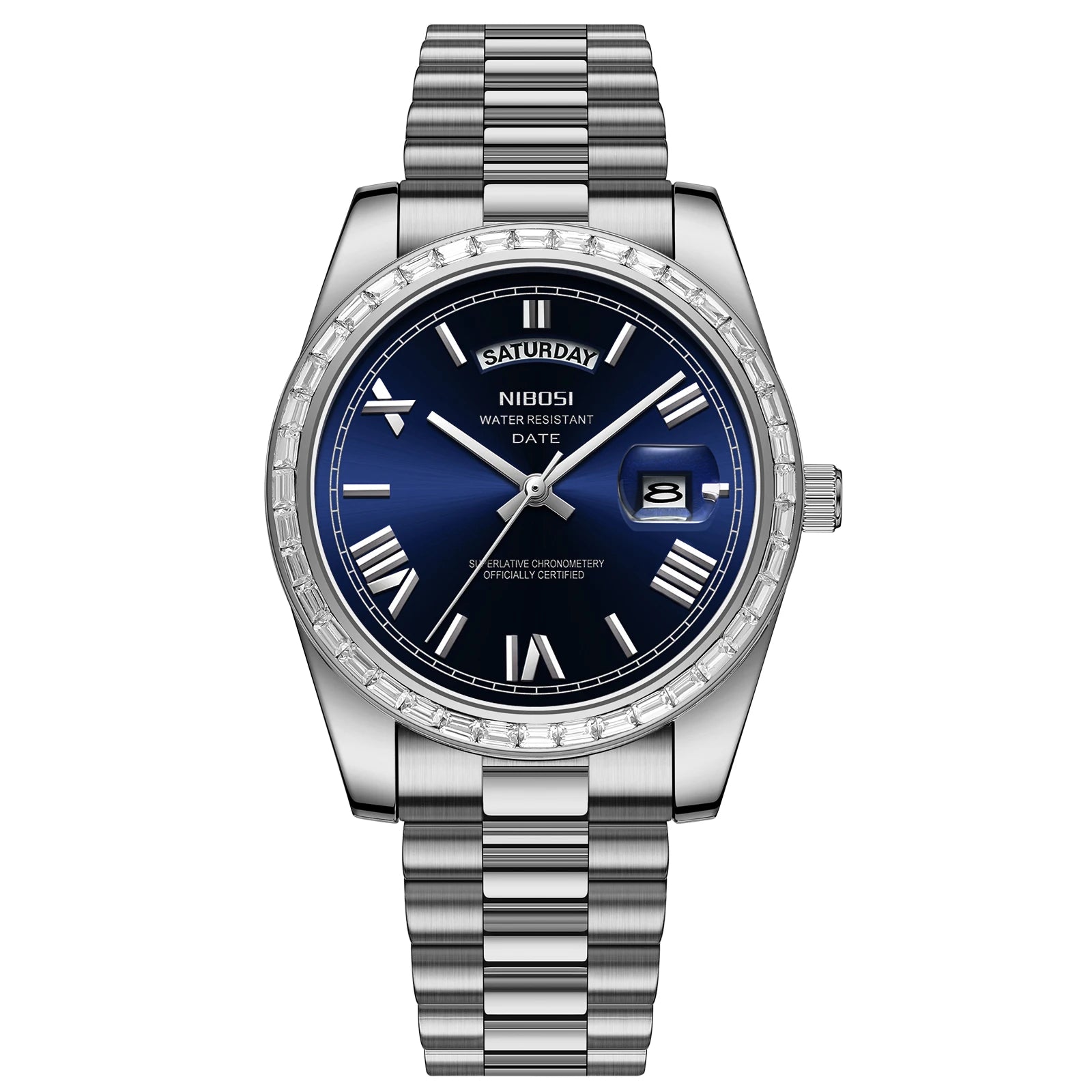 Silver watch with a blue dial on a white background