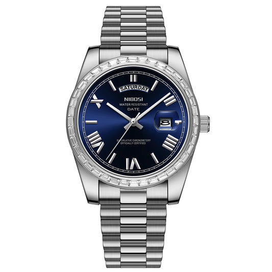 Silver watch with a blue dial on a white background