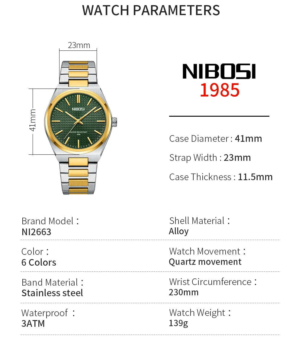 NIBOSI watch with specifications on a white background