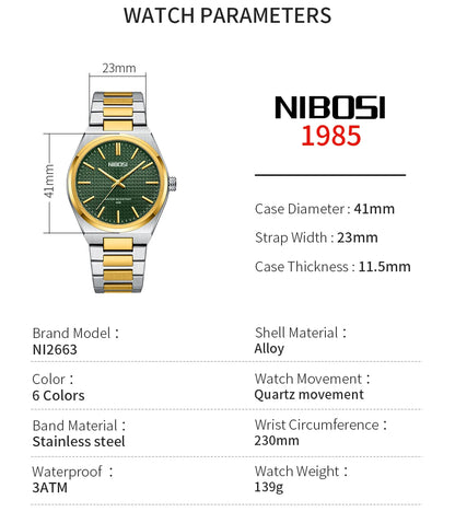 NIBOSI watch with specifications on a white background