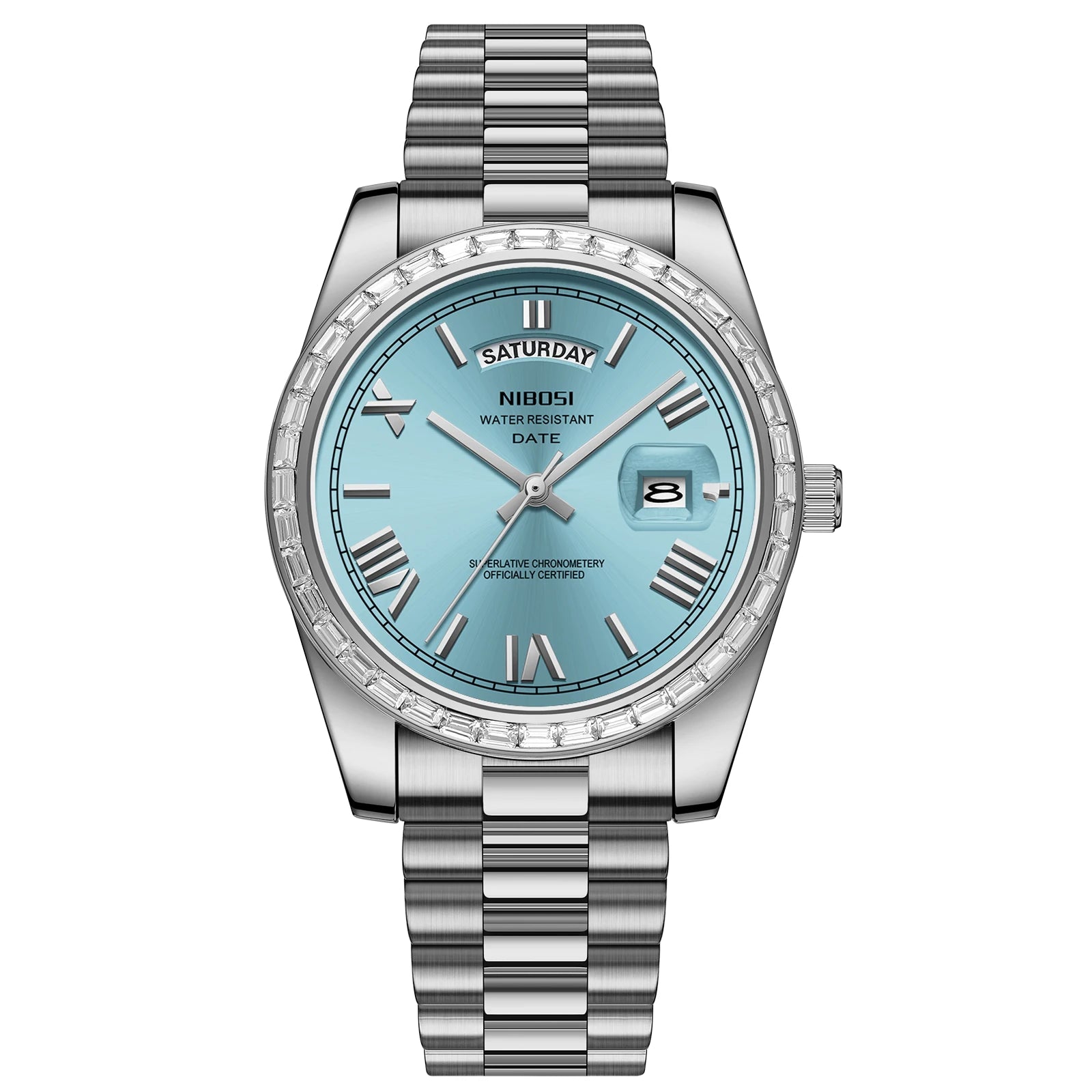Silver watch with a light blue face on a white background