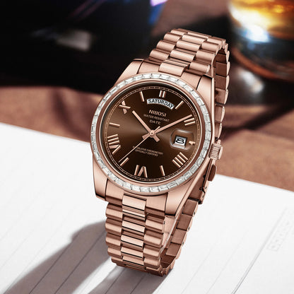 Rose gold watch with a brown dial on a white surface