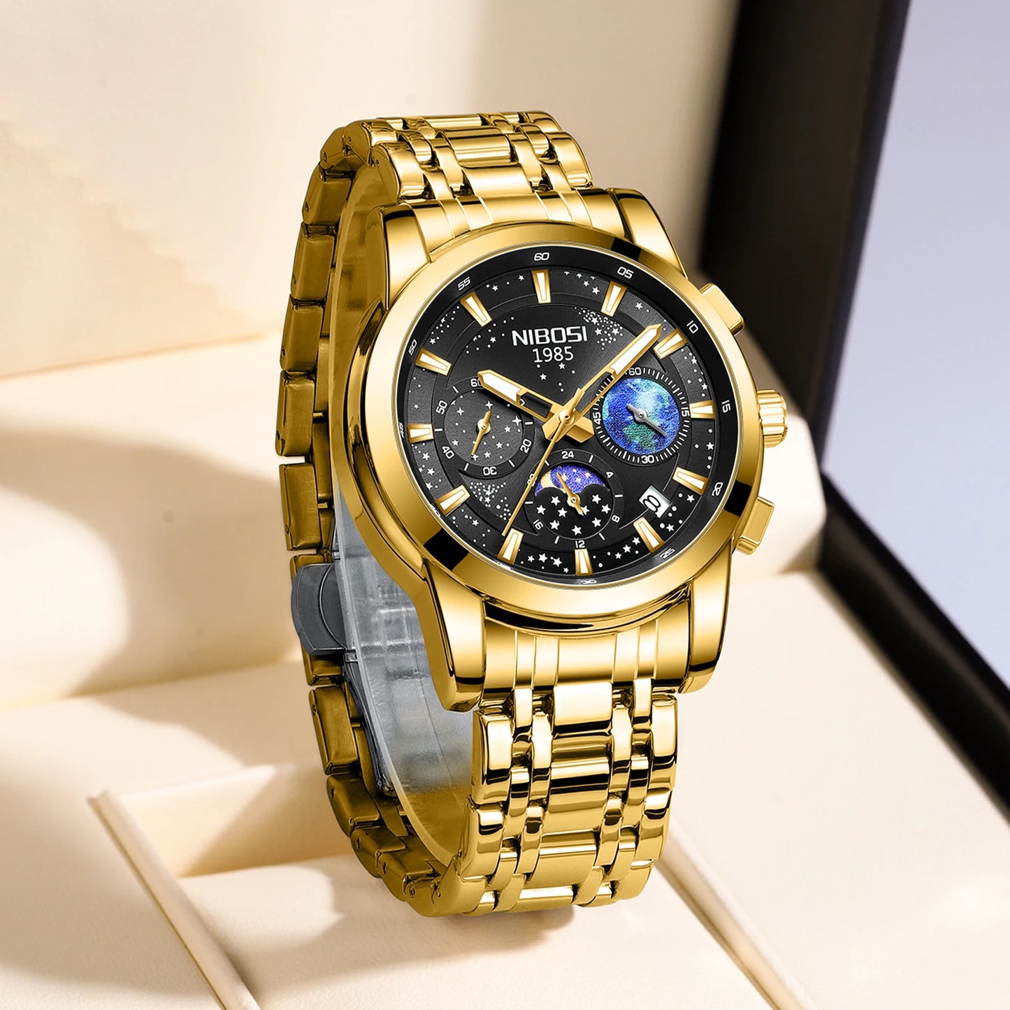 Gold wristwatch with a detailed face on a light background