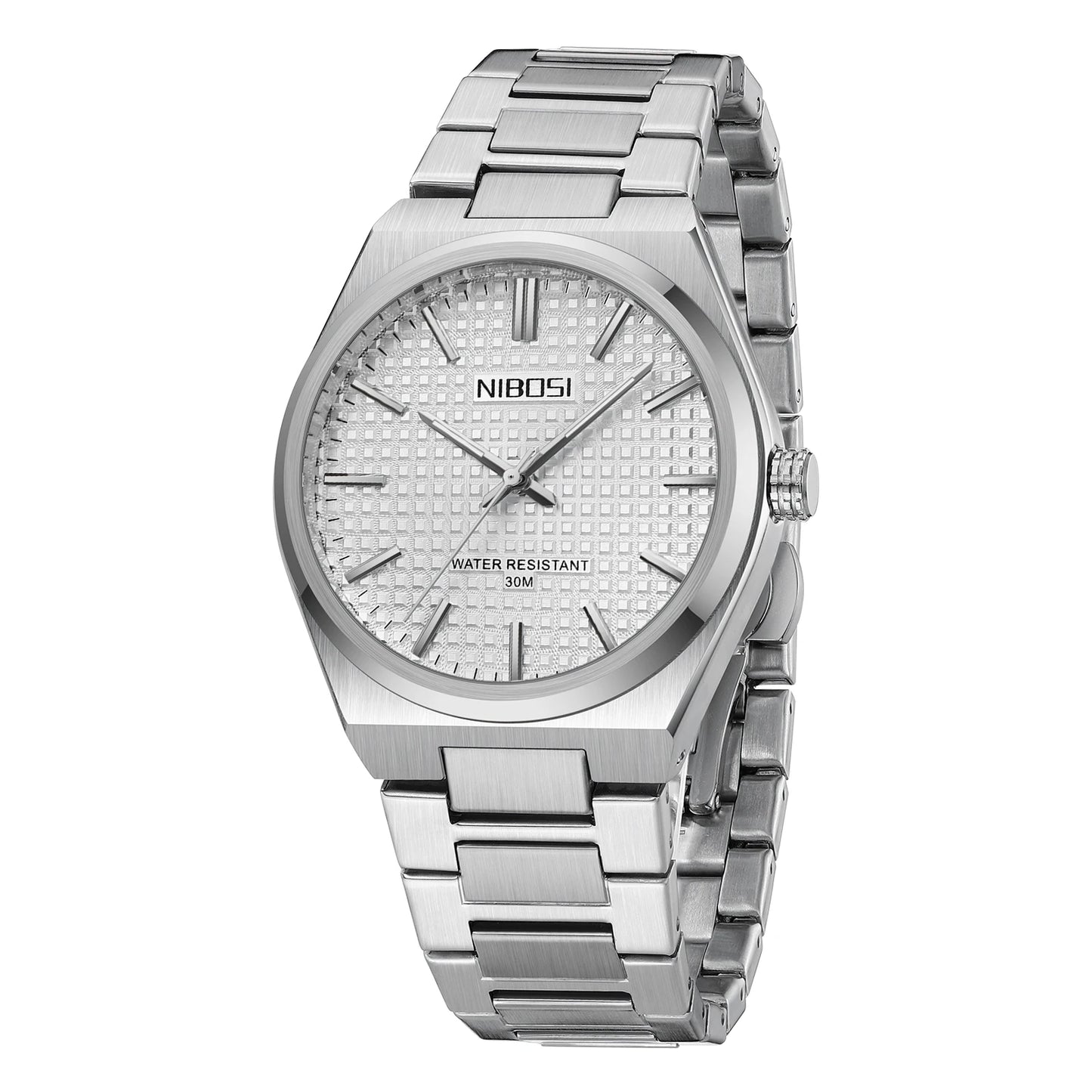 Silver wristwatch with a textured face on a white background, branded NIBOSI.