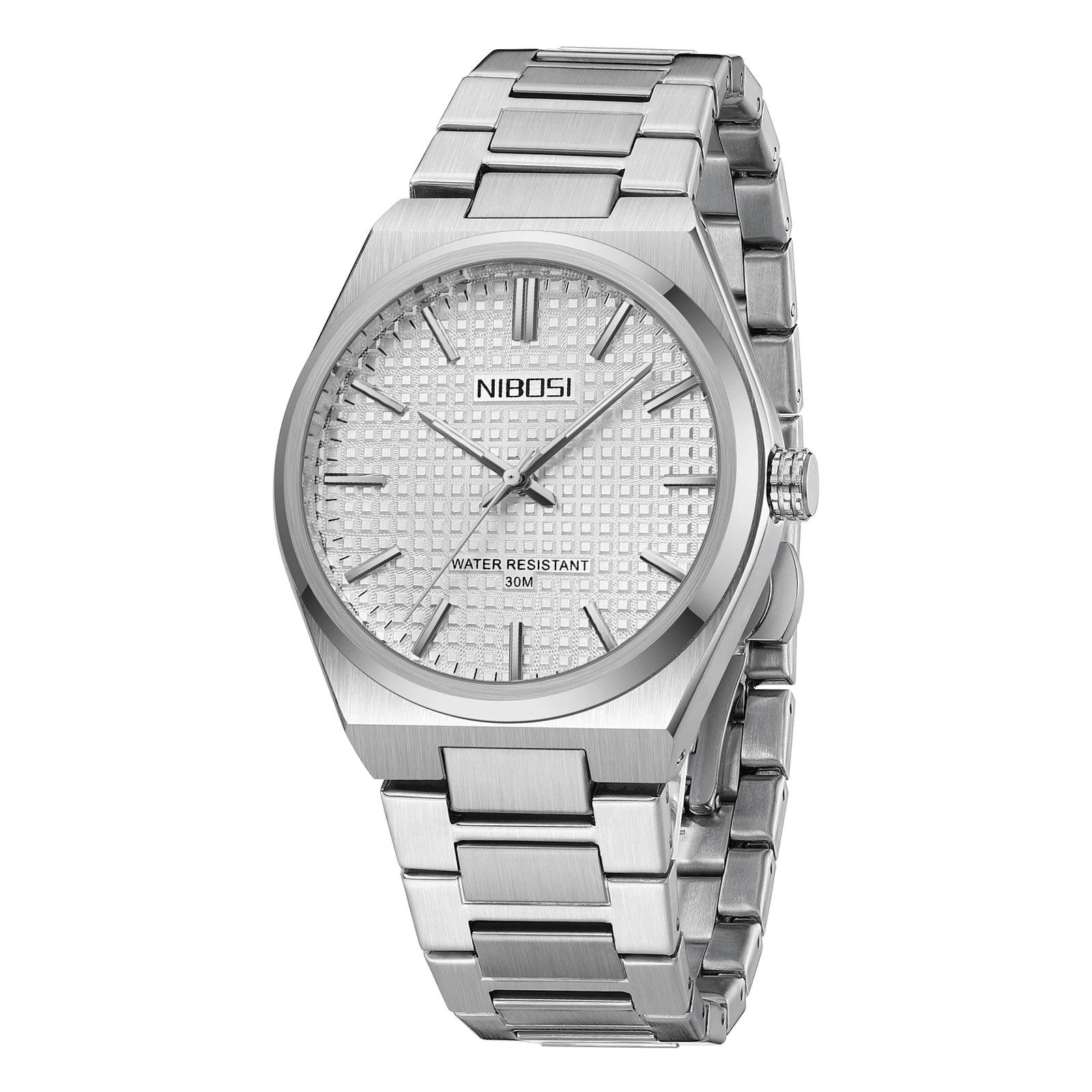 Silver wristwatch with a textured face on a white background, branded NIBOSI.
