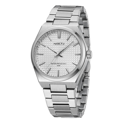 Silver wristwatch with a textured face on a white background, branded NIBOSI.