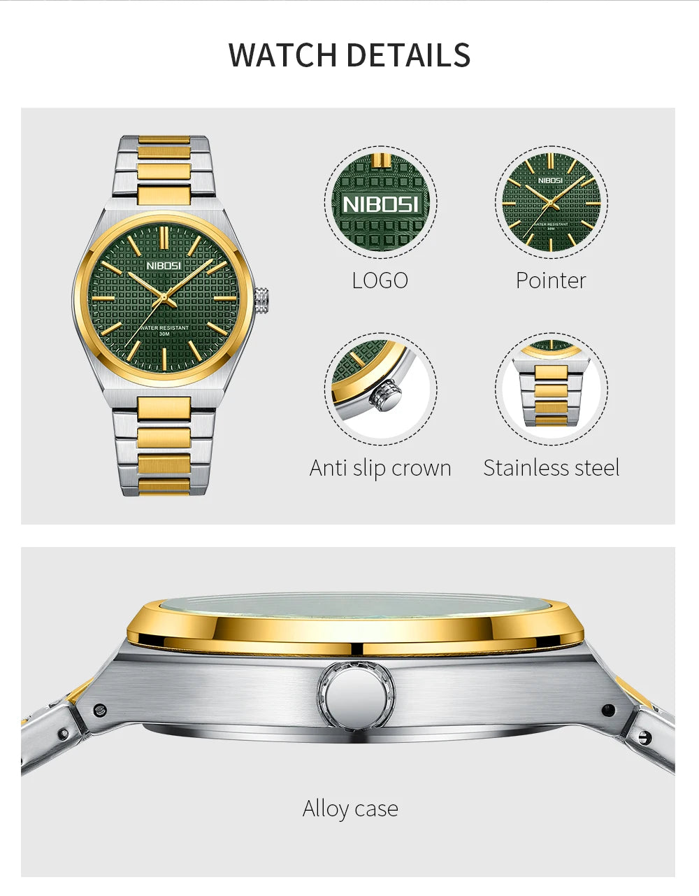 NIBOSI watch with detailed features on a white background
