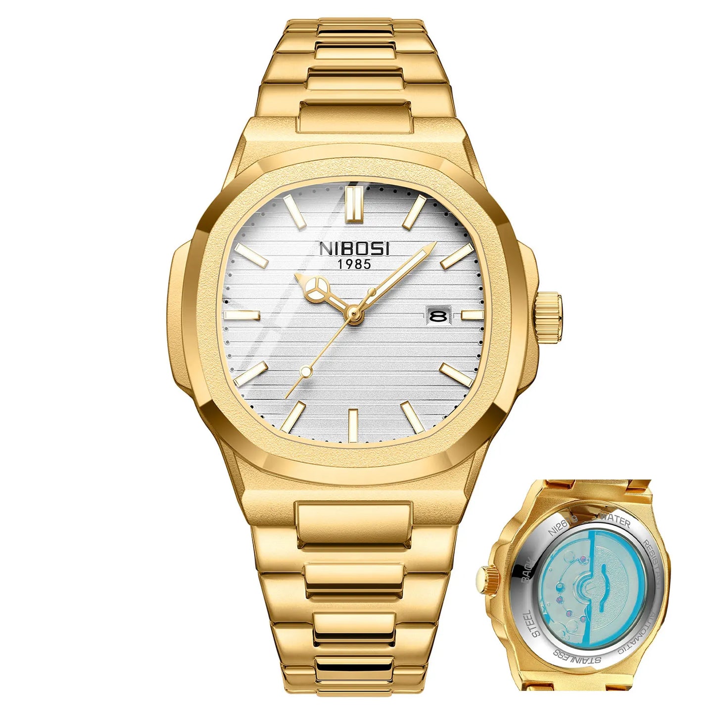 Gold wristwatch with a white face and additional smaller watch on a white background