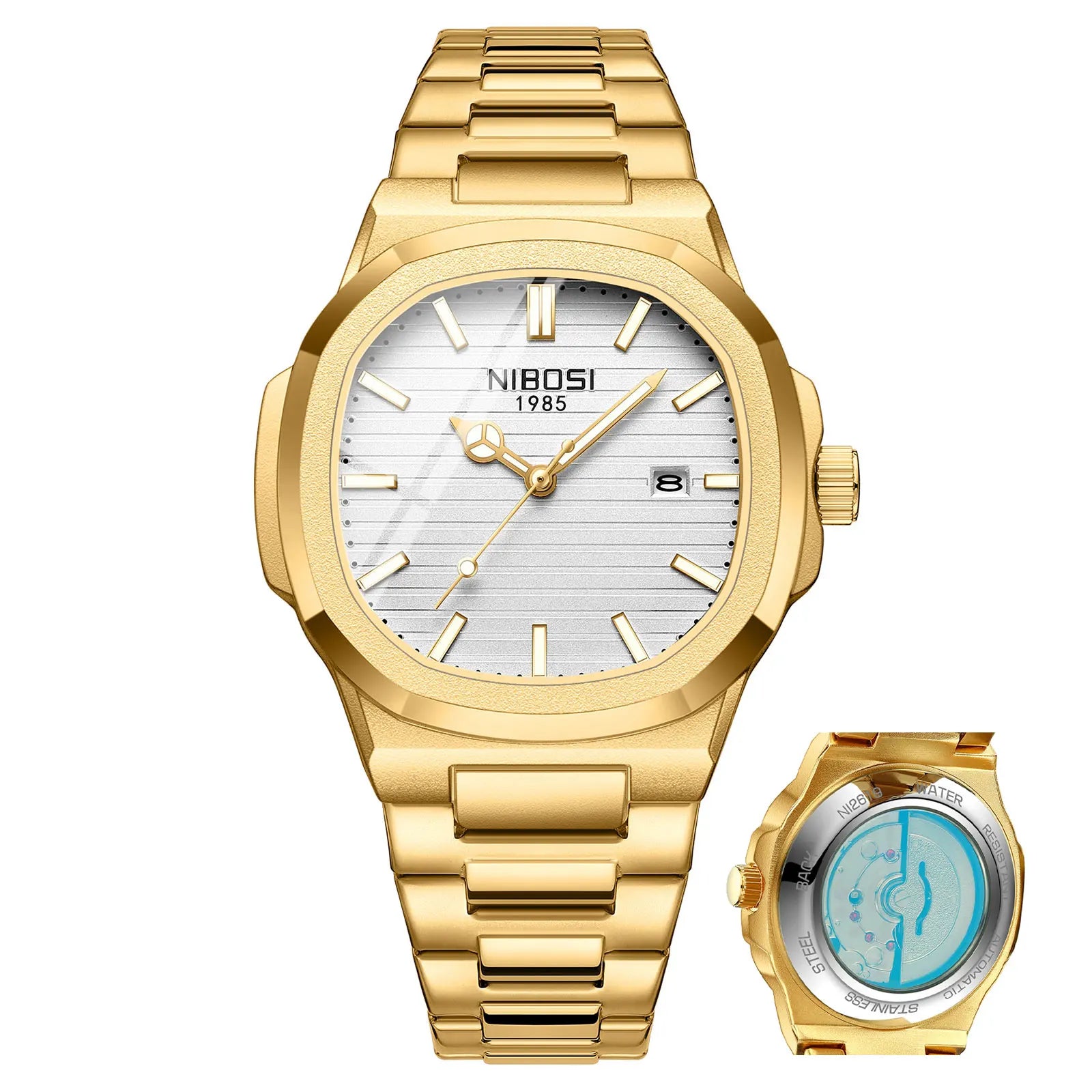 Gold wristwatch with a white face and additional smaller watch on a white background