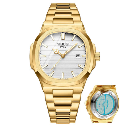Gold wristwatch with a white face and additional smaller watch on a white background