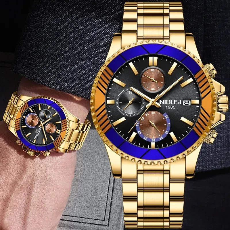 Gold wristwatch with blue accents on a hand against a dark background