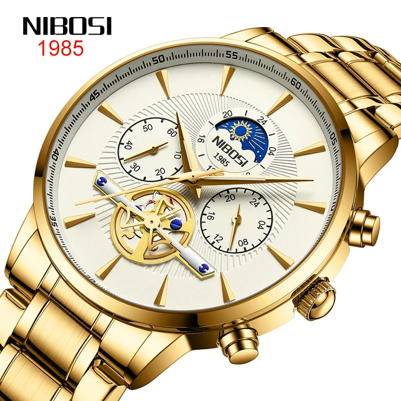 Gold wristwatch with detailed face and NIBOSI branding