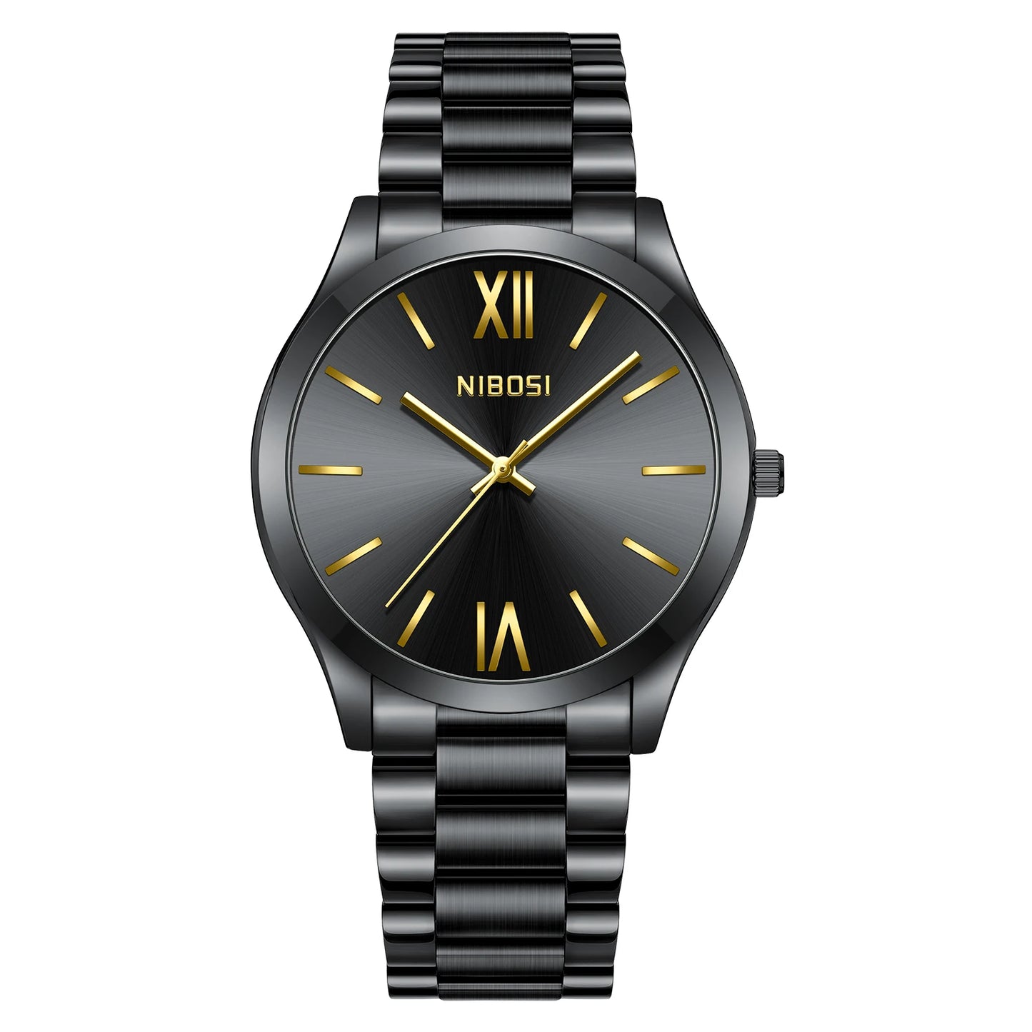 Black watch with gold accents on a white background, featuring the brand 'NIBOSI'.