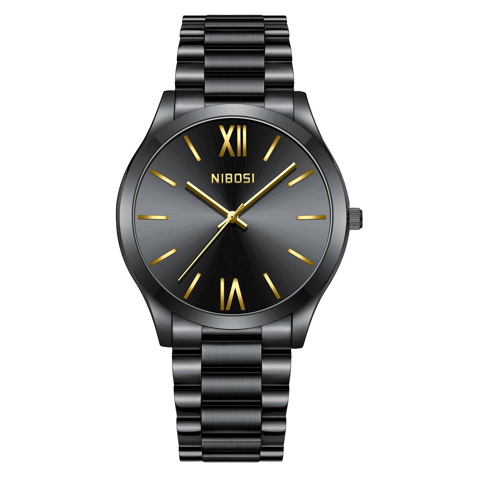 Black watch with gold accents on a white background, featuring the brand 'NIBOSI'.