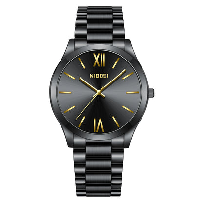 Black watch with gold accents on a white background, featuring the brand 'NIBOSI'.