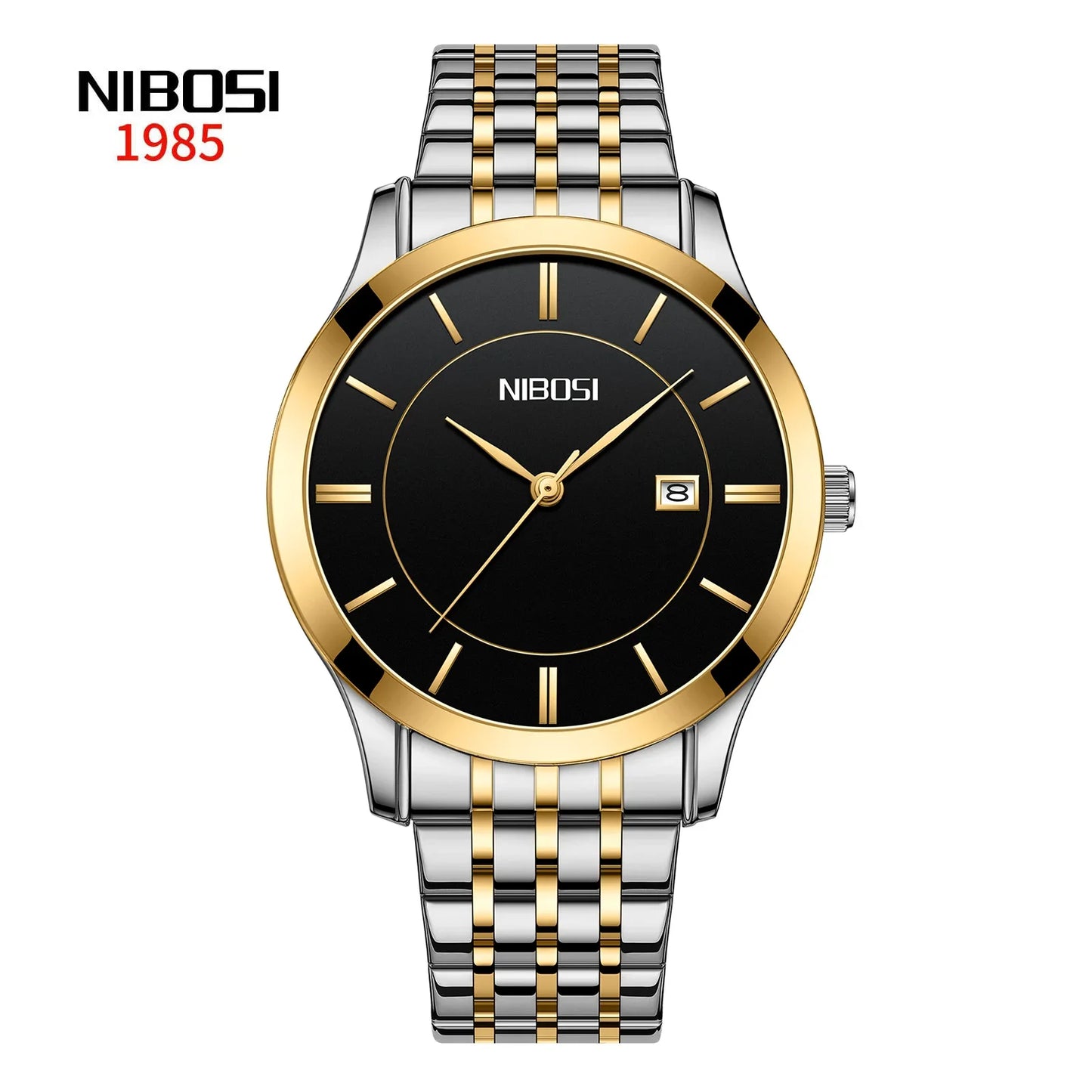 NIBOSI watch with two-tone metal strap on a white background