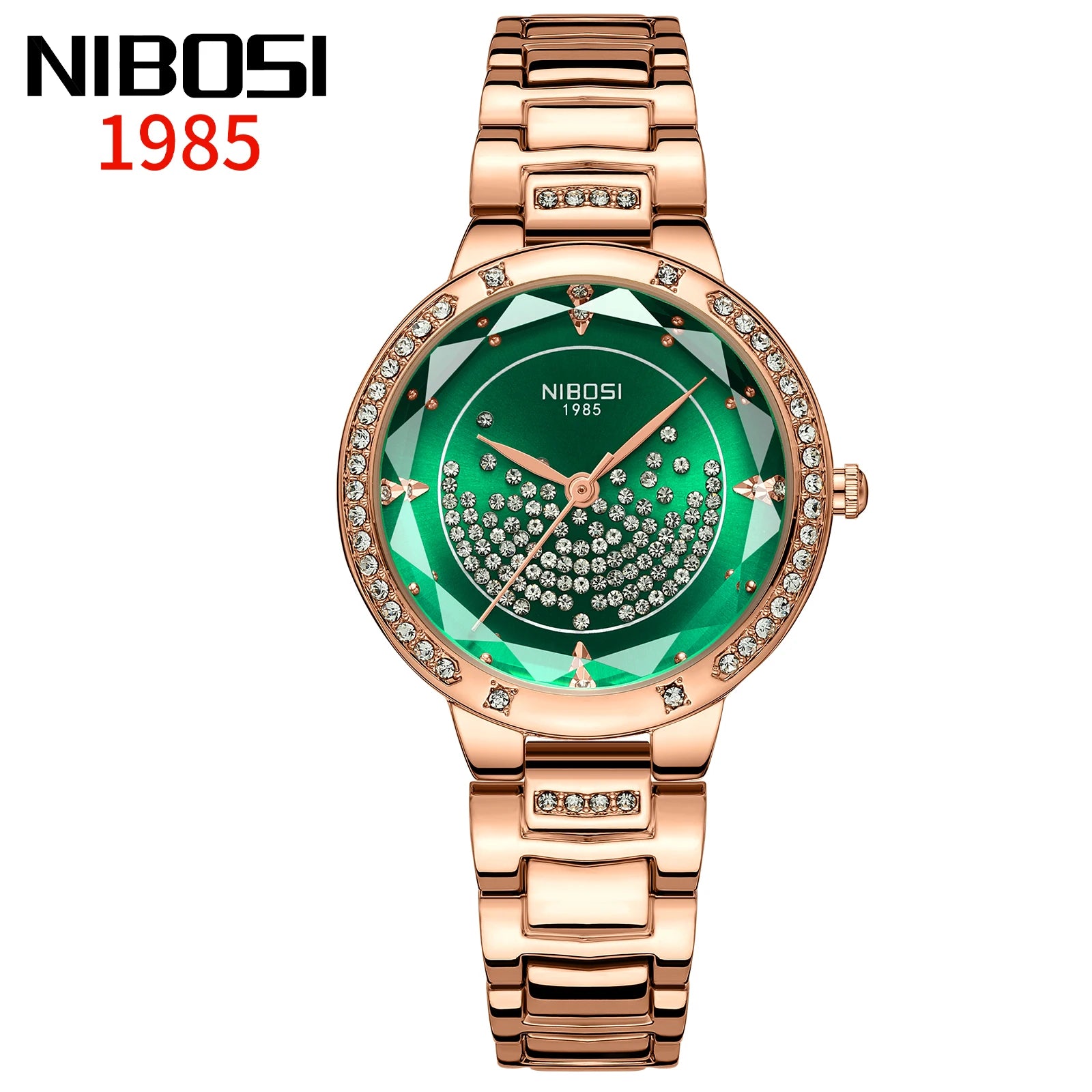 Rose gold watch with green face and 'NIBOSI 1985' branding on a white background