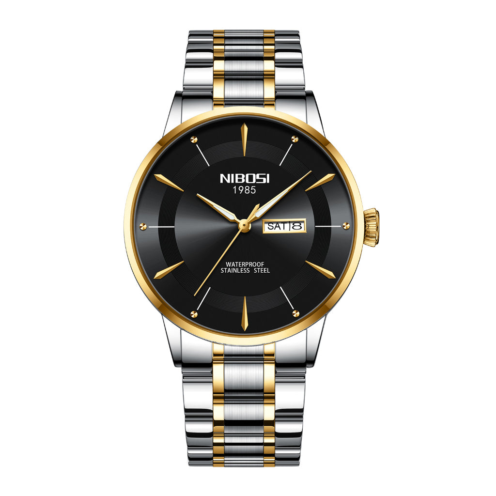 NIBOSI watch with black dial, gold accents, and silver and gold metal band on white background