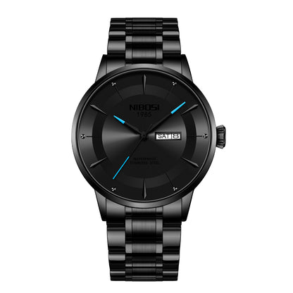 Black wristwatch with NIBOSI branding on a white background
