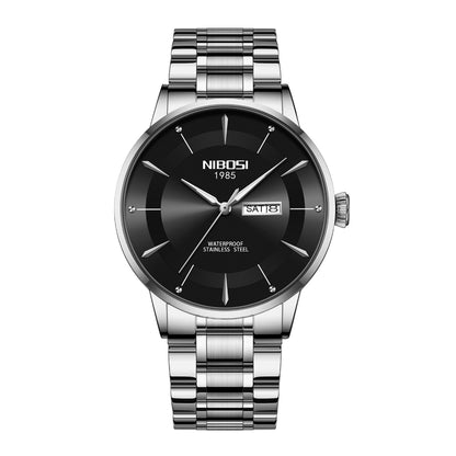 Silver watch with black face on a white background, featuring the brand 'NIBOSI'.