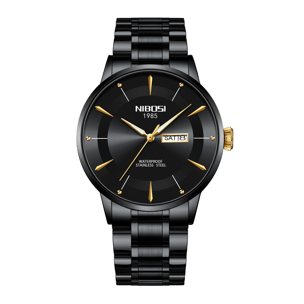 Black watch with gold accents on a white background, featuring the brand 'NIBOSI'.