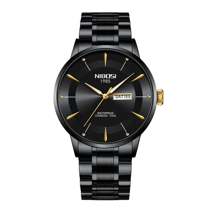Black watch with gold accents on a white background, featuring the brand 'NIBOSI'.