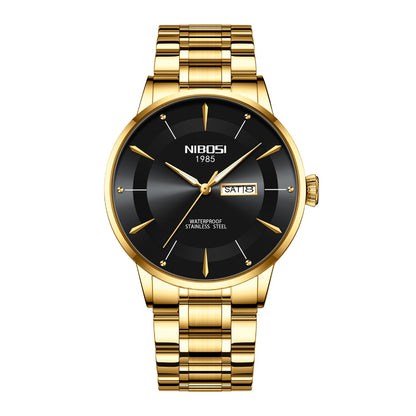 Gold wristwatch with black face on a white background, featuring the brand 'NIBOSI'.