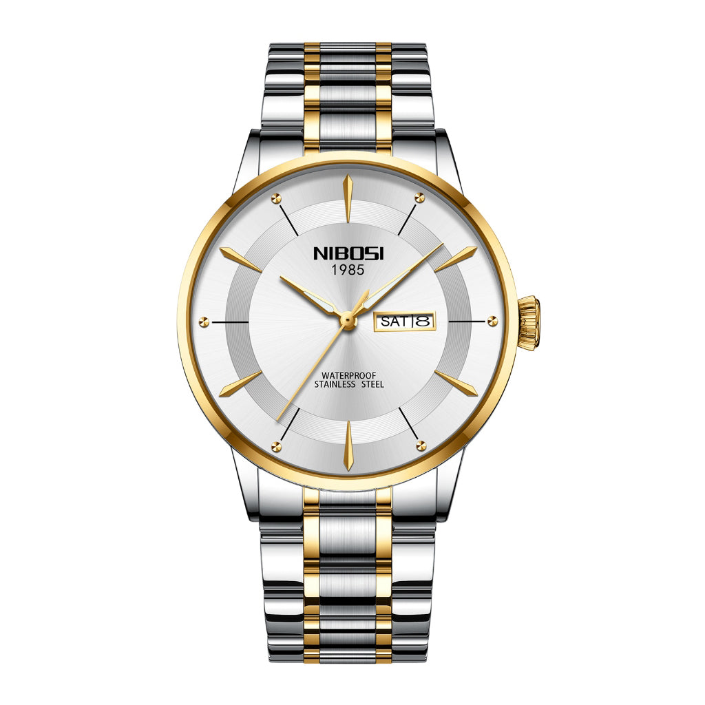 NIBOSI two-tone watch with silver and gold band on a white background