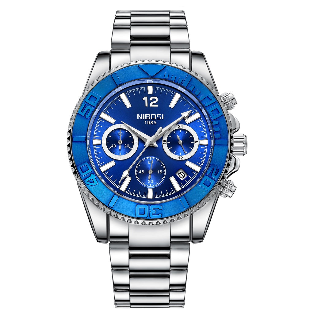 Silver and blue watch with 'NIBOSI' branding on a white background